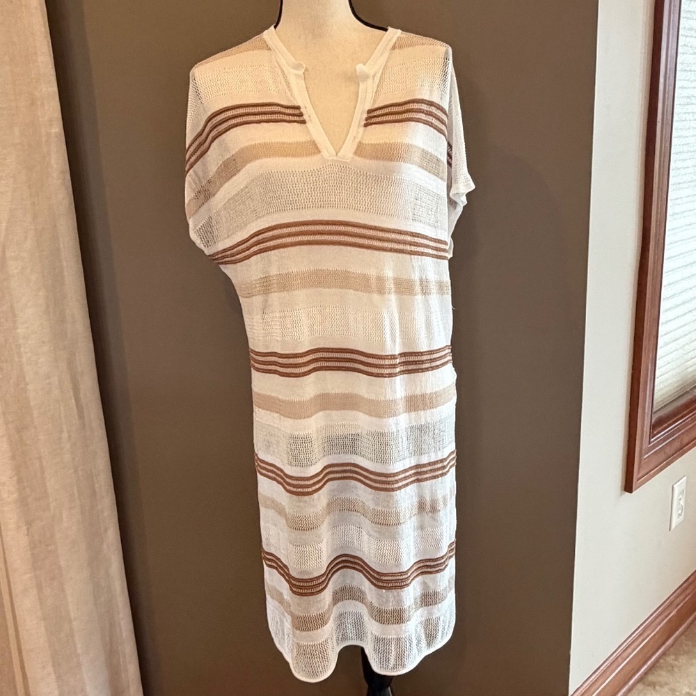 Chico's Neutral Open Weave Sheer Swim Coverup white tan,  Size Large, (2)
